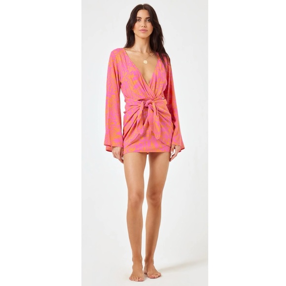 L Space Kristy Long Sleeve Faux-Wrap Cover-Up Dress Path to Paradise Medium NWT - Picture 2 of 9